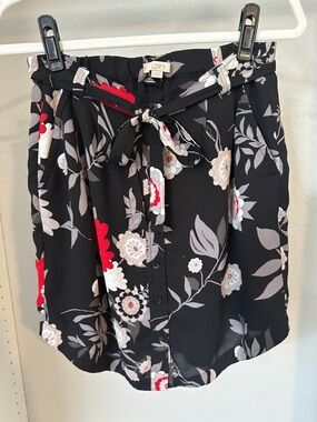 LOFT Black Floral Button-Front Skirt with Red and Pink Accents